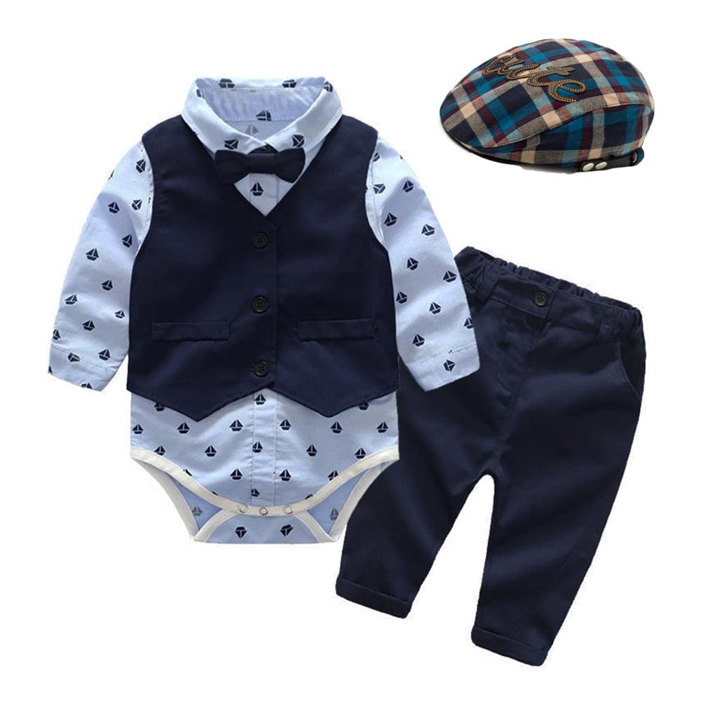 Baby Boy Gentleman Suit One-piece Romper with Pants & Hat