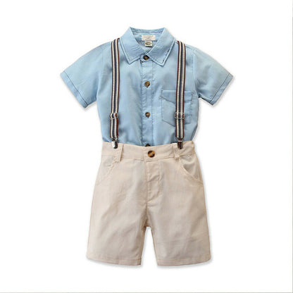 Boys Blue Shirt and Khaki Shorts Outfit with Suspenders