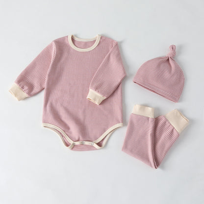 Three-piece Solid Color Baby Striped Romper Jumpsuit