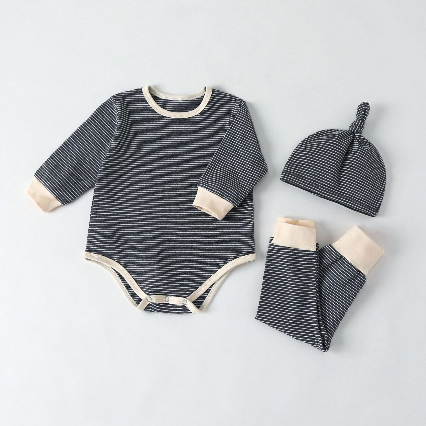 Three-piece Solid Color Baby Striped Romper Jumpsuit