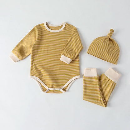 Three-piece Solid Color Baby Striped Romper Jumpsuit