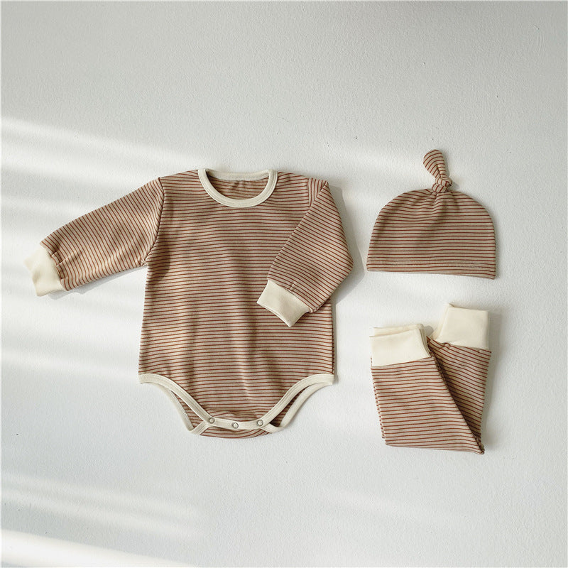 Three-piece Solid Color Baby Striped Romper Jumpsuit