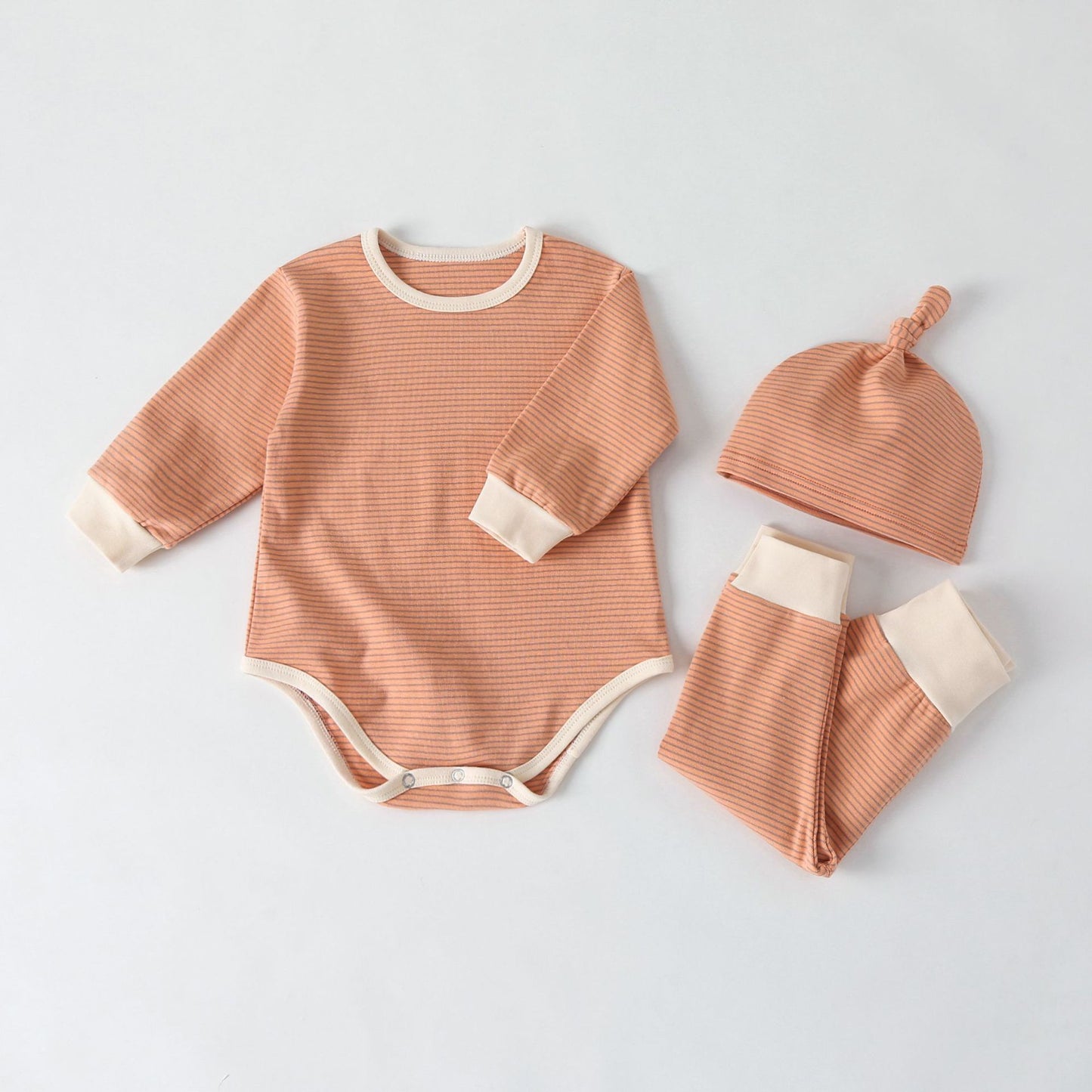 Three-piece Solid Color Baby Striped Romper Jumpsuit