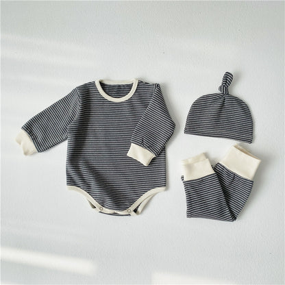 Three-piece Solid Color Baby Striped Romper Jumpsuit