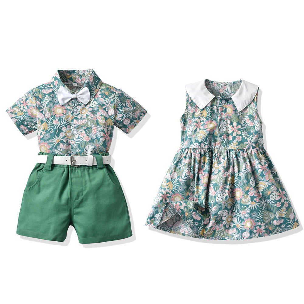 Boys and Girls Green Floral Easter or Summer Matching Outfits