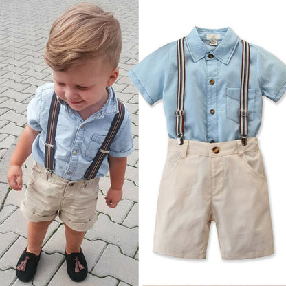 Boys Blue Shirt and Khaki Shorts Outfit with Suspenders