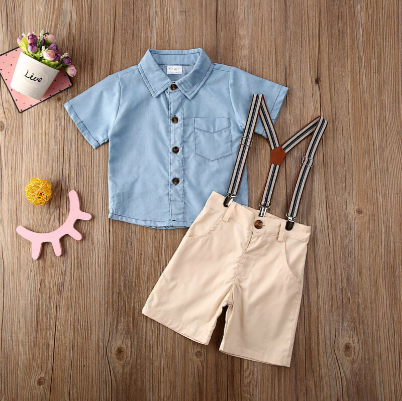 Boys Blue Shirt and Khaki Shorts Outfit with Suspenders