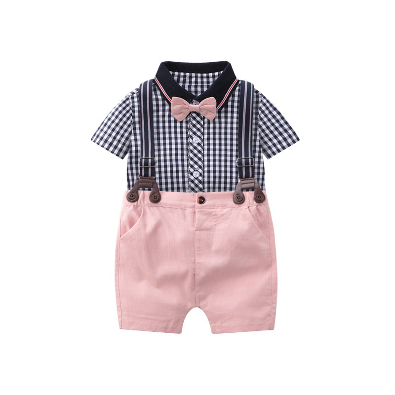 Pastel Pink Shorts and Plaid Onesie Easter Outfit with Bowtie