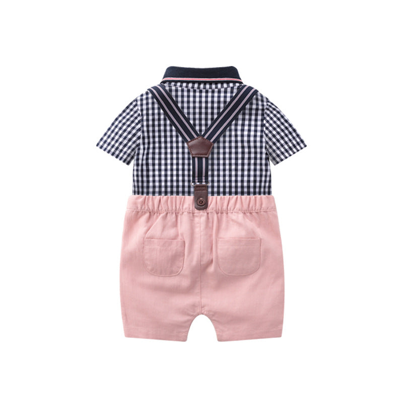 Pastel Pink Shorts and Plaid Onesie Easter Outfit with Bowtie